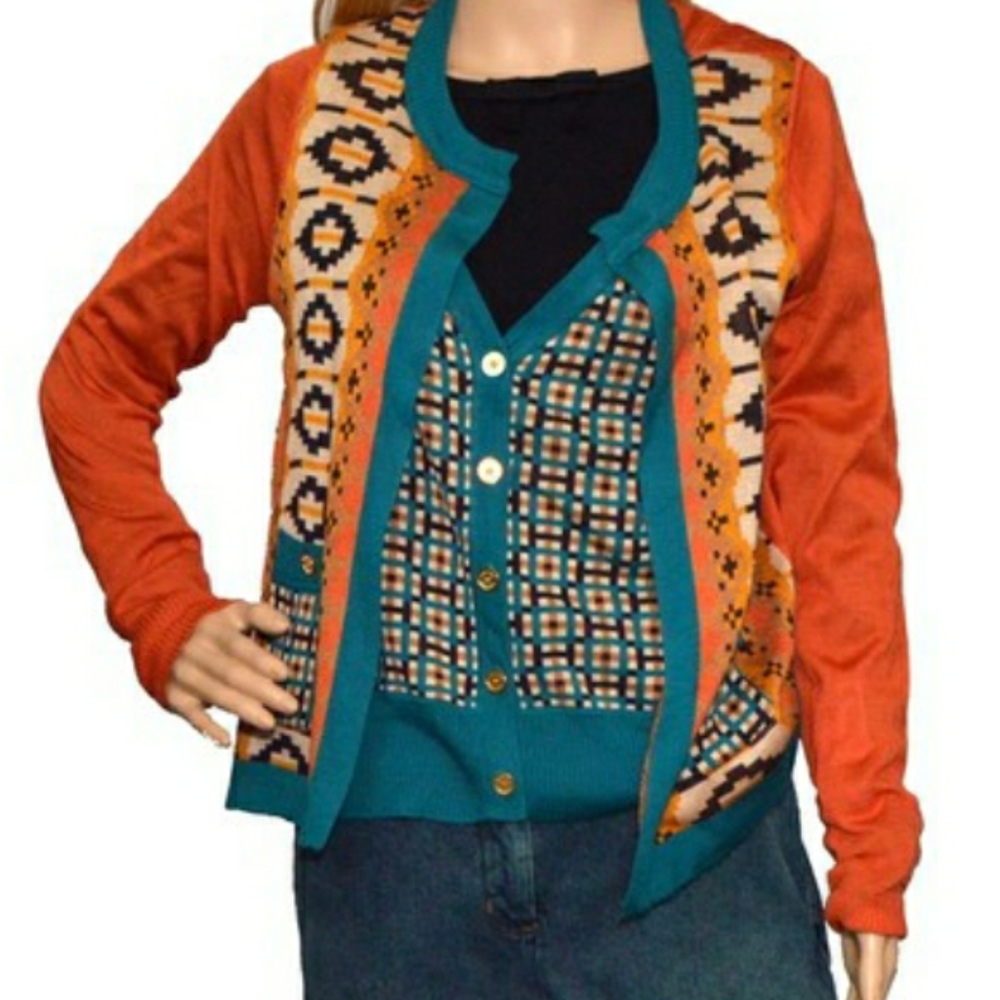 Tory Burch Orange & Teal Patterned Cardigan Sweater